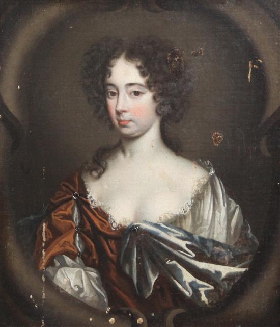 Attributed to Caspar Netscher (1639-1684) Portrait of a lady, thought to be the Duchess of Portsmouth, 14 x 12in.